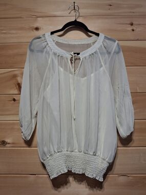 Wrangler Cream Sheer Peasant Blouse with Tie Neck